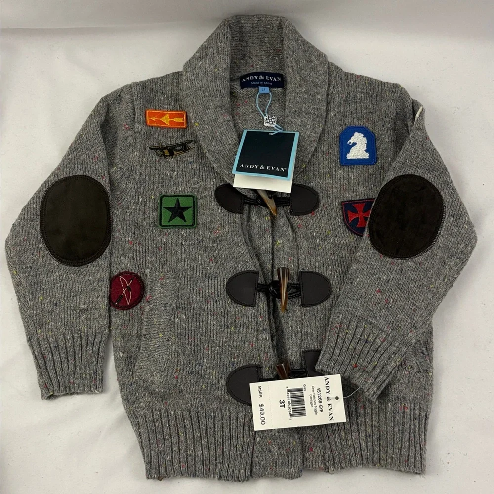 Andy and Evan Toddler Boys Gray With Patches Cardigan Toggle Buttons Size 3T NWT - Picture 1 of 8